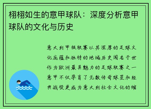 栩栩如生的意甲球队：深度分析意甲球队的文化与历史