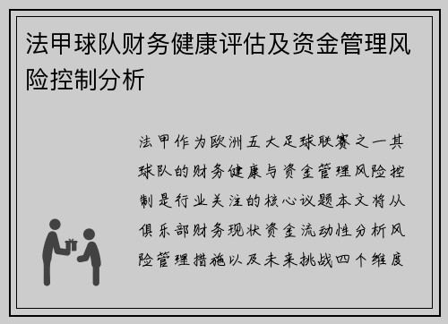法甲球队财务健康评估及资金管理风险控制分析