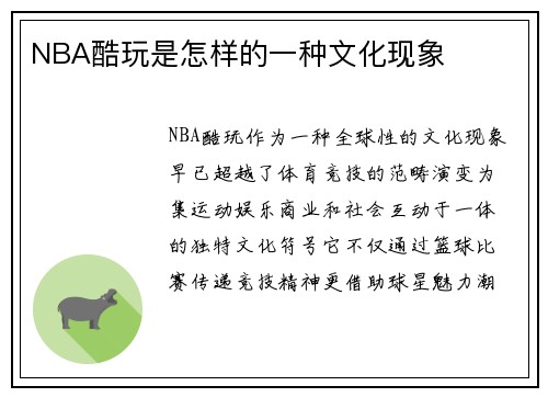NBA酷玩是怎样的一种文化现象